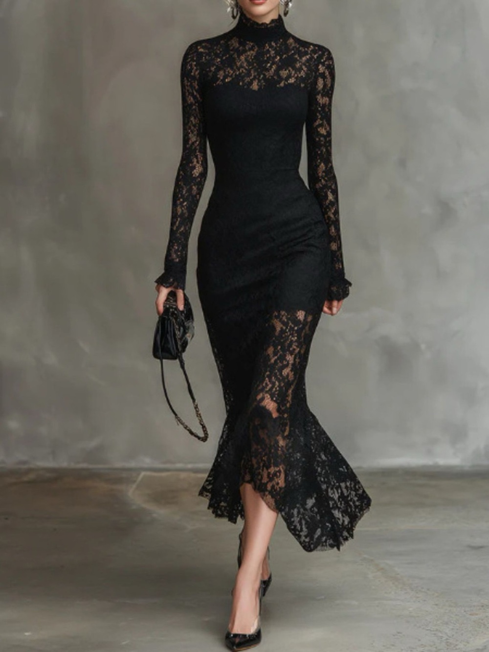 Lace Mock Neck Long Sleeve Mermaid Midi Dress